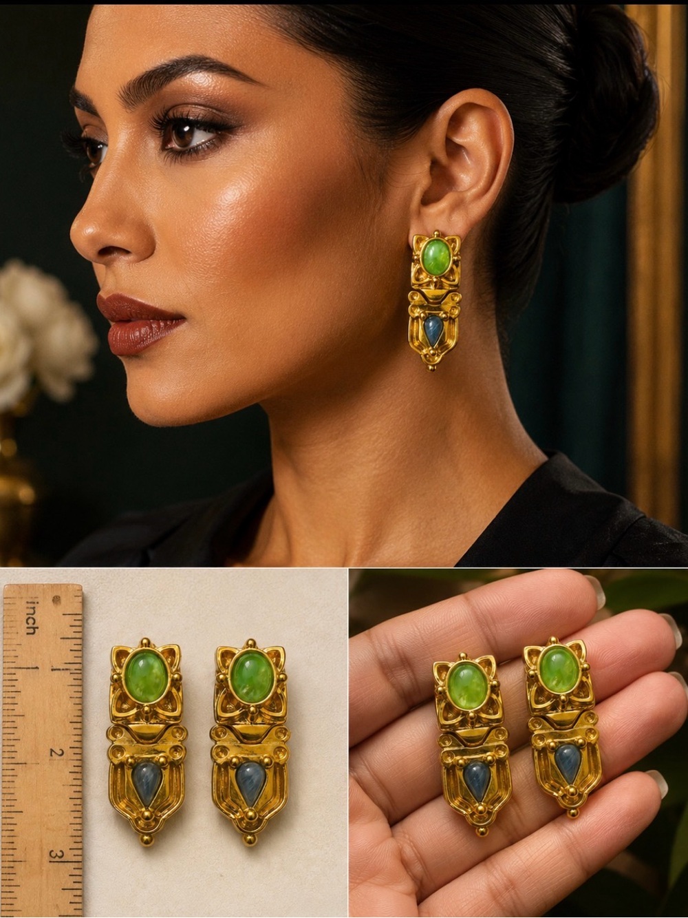 Vintage Guy Laroche Paris Gilt Gold-Tone Earrings with Green and Blue cabochons